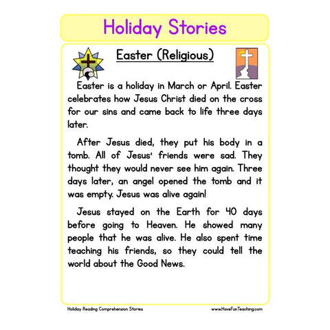 Holiday Stories Comprehension Christian Easter Worksheet