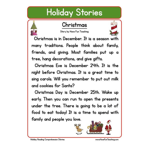 Holiday Stories Comprehension Christmas Worksheet