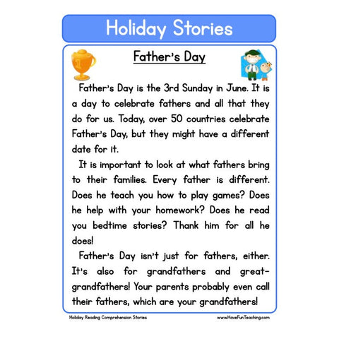 Holiday Stories Comprehension Fathers Day Worksheet
