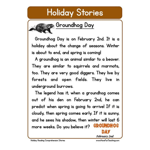 Holiday Stories Comprehension Groundhog Day Worksheet