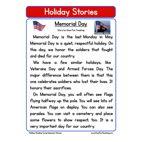 Holiday Stories Comprehension Memorial Day Worksheet