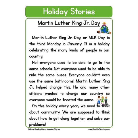 Holiday Stories Comprehension Mlk Day Worksheet