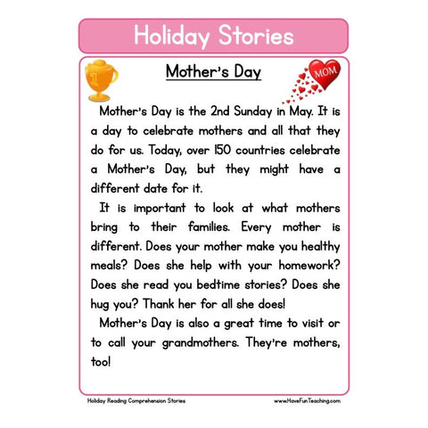 Holiday Stories Comprehension Mothers Day Worksheet