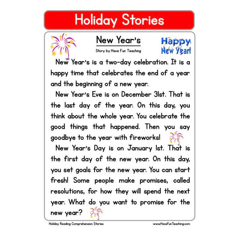Holiday Stories Comprehension New Years Worksheet