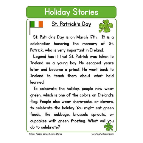 Holiday Stories Comprehension St Pattys Worksheet