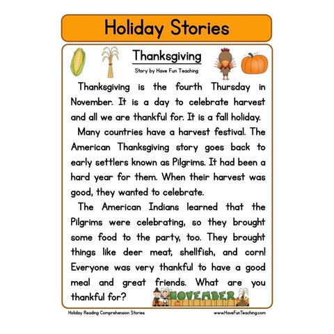 Holiday Stories Comprehension Thanksgiving Worksheet