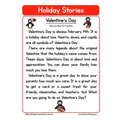 Holiday Stories Comprehension Valentines Day Worksheet