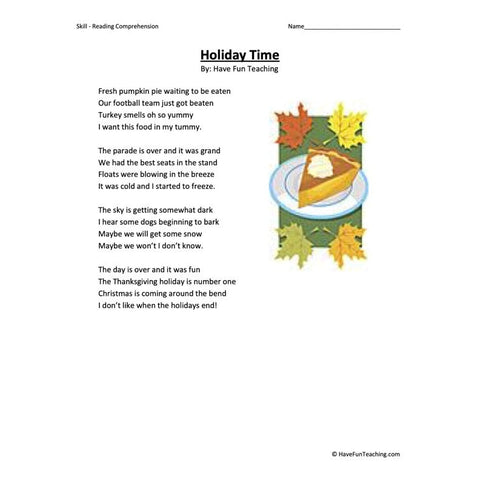 Holiday Time Reading Comprehension Worksheet