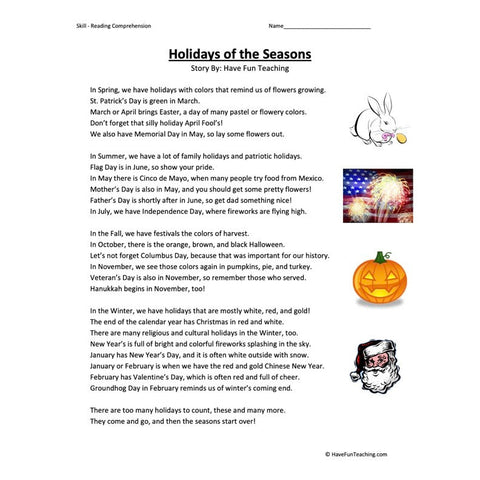 Holidays by Season Reading Comprehension Worksheet