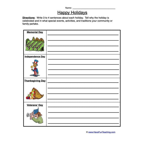 Holidays Worksheet