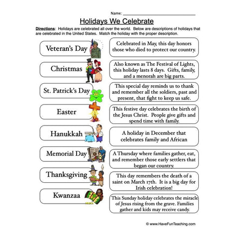Holidays Worksheet 4