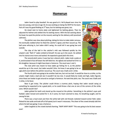 Homerun Reading Comprehension Worksheet