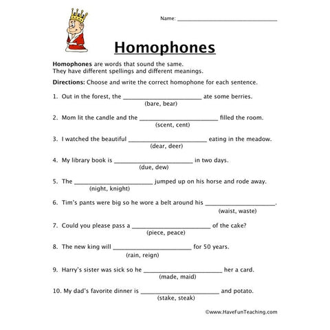 Homophone Worksheet