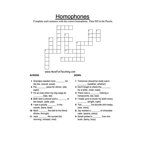 Homophones Crossword Puzzle Worksheet