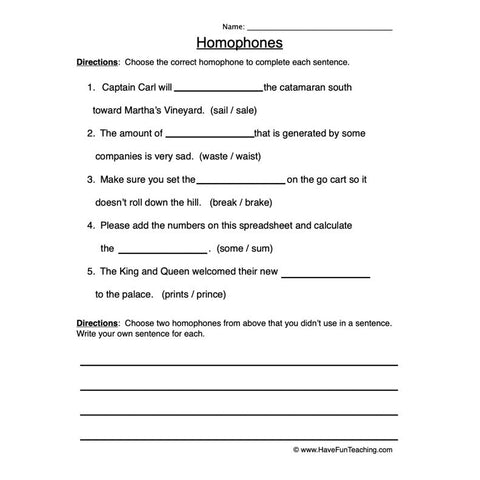 Homophones Worksheet 5
