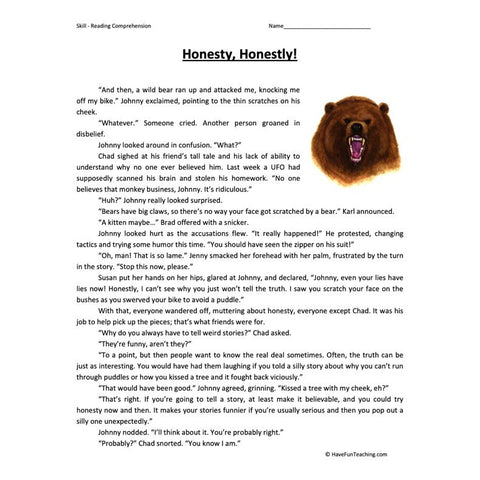 Honesty Honestly Reading Comprehension Worksheet