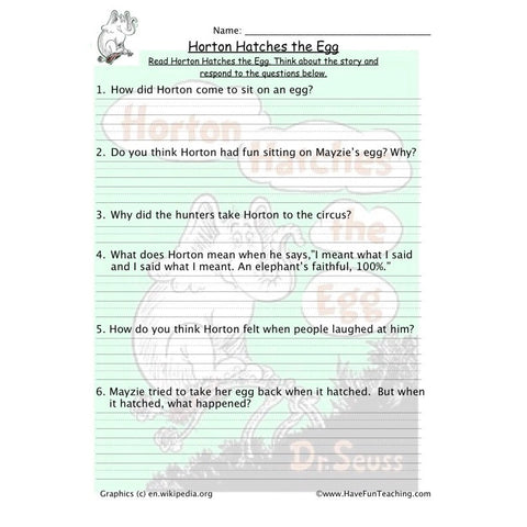 Horton Hatches the Egg Reading Comprehension Worksheet