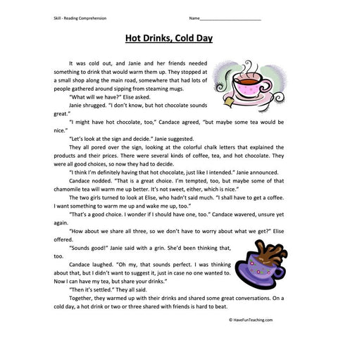 Hot Drinks Cold Day Reading Comprehension Worksheet