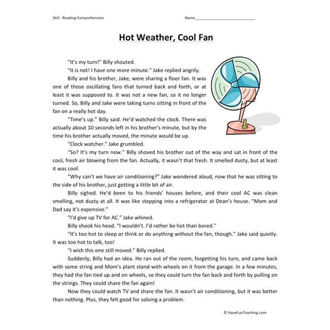 Hot Weather Cool Fan Reading Comprehension Worksheet