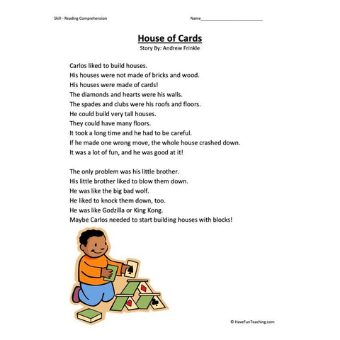 House of Cards Reading Comprehension Worksheet