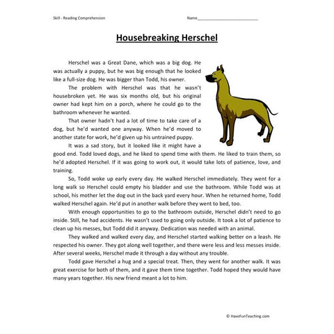 Housebreaking Herschel Reading Comprehension Worksheet