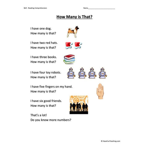 How Many Is That Kindergarten Reading Comprehension Worksheet