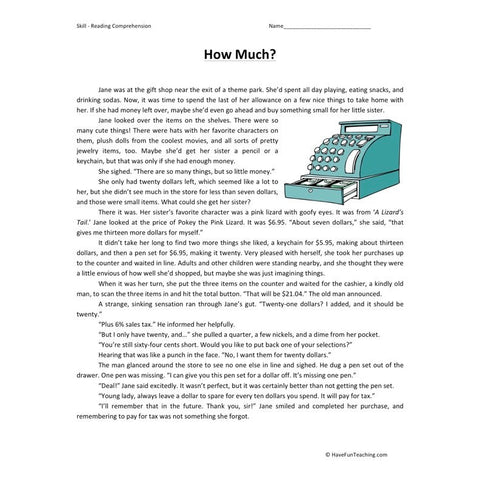How Much Reading Comprehension Worksheet