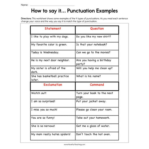 How to Say It Punctuation Examples Worksheet