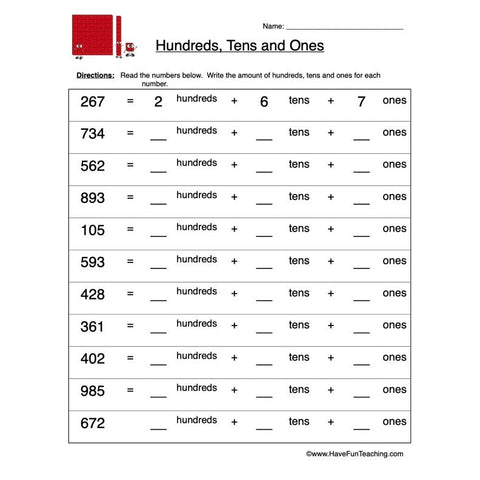 Hundreds Tens Ones Worksheet