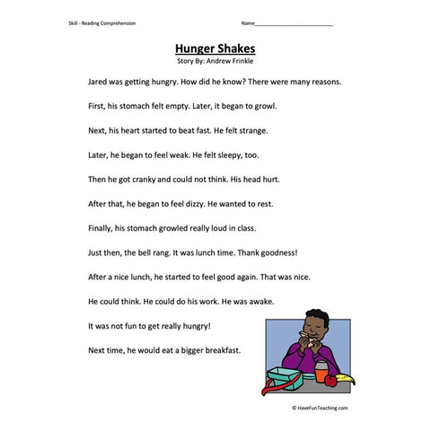Hunger Shakes Reading Comprehension Worksheet