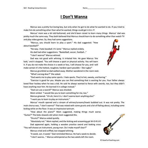 I Don't Wanna Reading Comprehension Worksheet