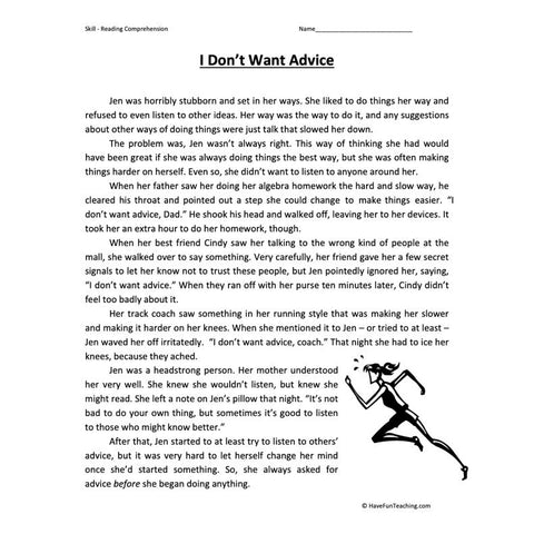 I Don't Want Advice Reading Comprehension Worksheet