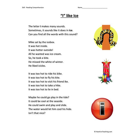 I Like Ice Reading Comprehension Worksheet