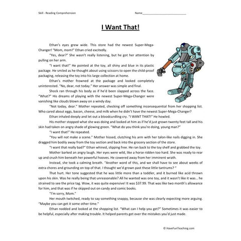 I Want That Reading Comprehension Worksheet