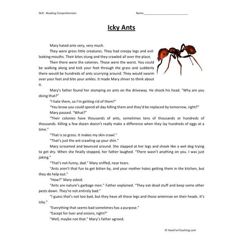 Icky Ants Reading Comprehension Worksheet