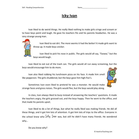 Icky Ivan Reading Comprehension Worksheet