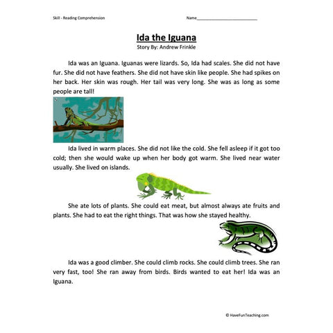 Ida the Iguana Reading Comprehension Worksheet