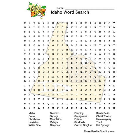 Idaho Wordsearch Worksheet