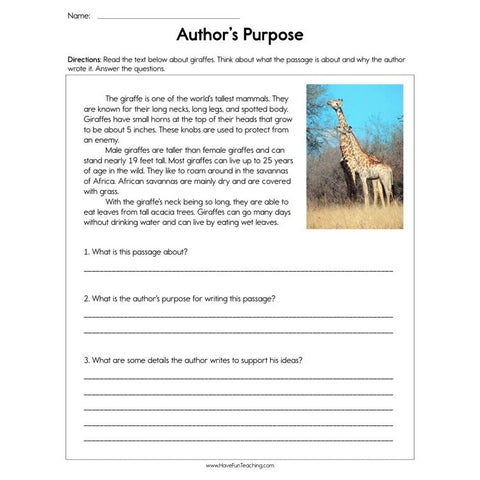 Identifying Authors Purpose Worksheet
