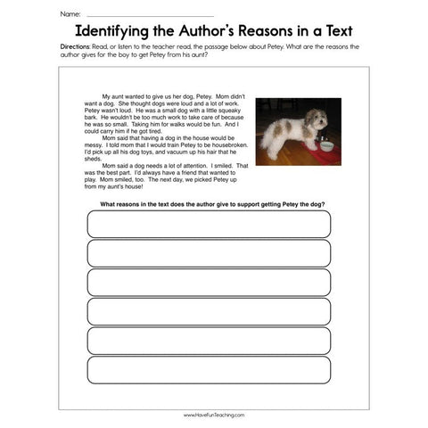 Identifying the Authors Reasons in a Text Worksheet