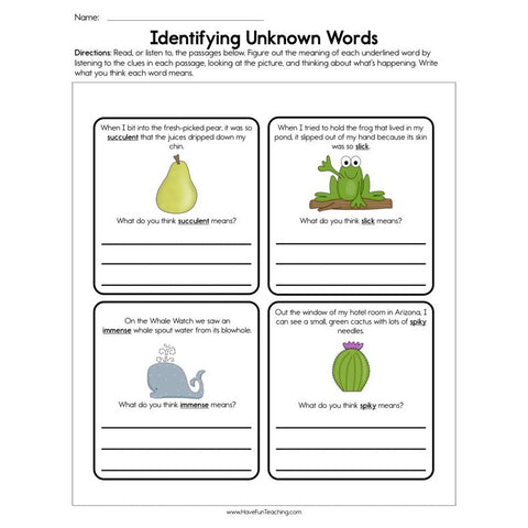 Identifying Unknown Words Worksheet