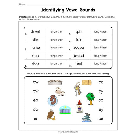 Identifying Vowel Sounds Worksheet