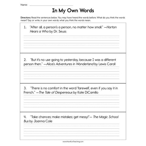 In My Own Words Worksheet