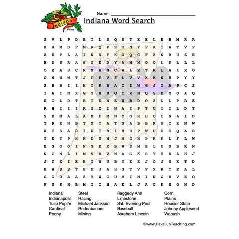 Indiana Wordsearch Worksheet