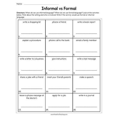 Informal Vs Formal Worksheet