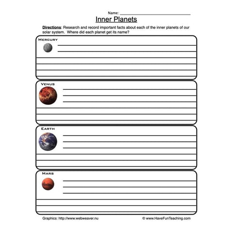 Inner Planets Worksheet
