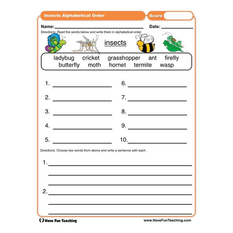 Insects ABC Order Worksheet