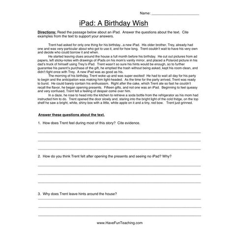 Ipad a Birthday Wish Reading Comprehension Worksheet