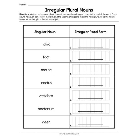 Irregular Plural Nouns Worksheet