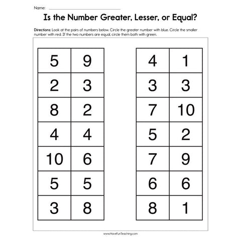 Is the Number Greater Lesser or Equal Worksheet